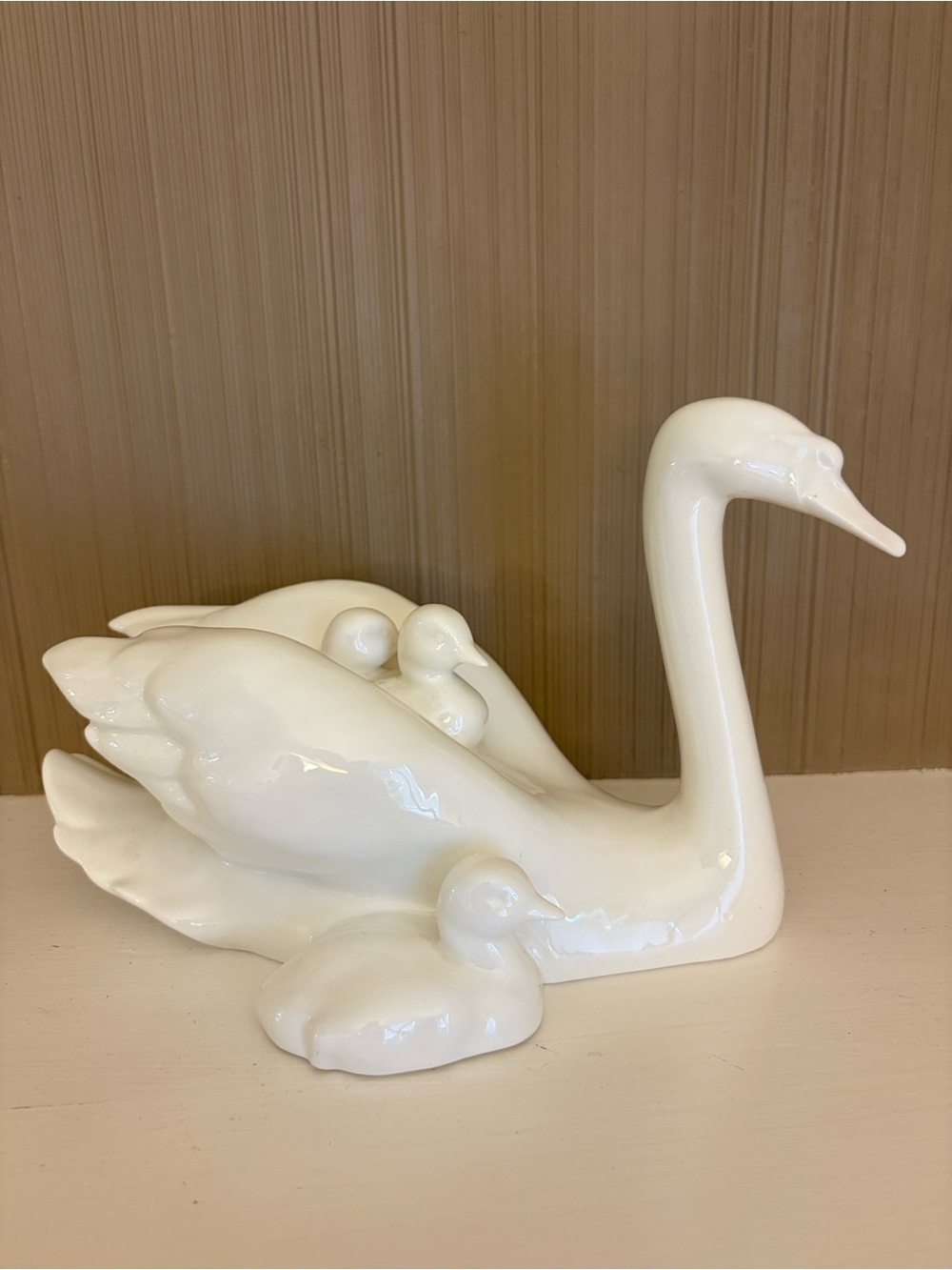 Vintage 1990’s Royal Doulton Glossy White Swan Family Sculpture- “Motherly Love”